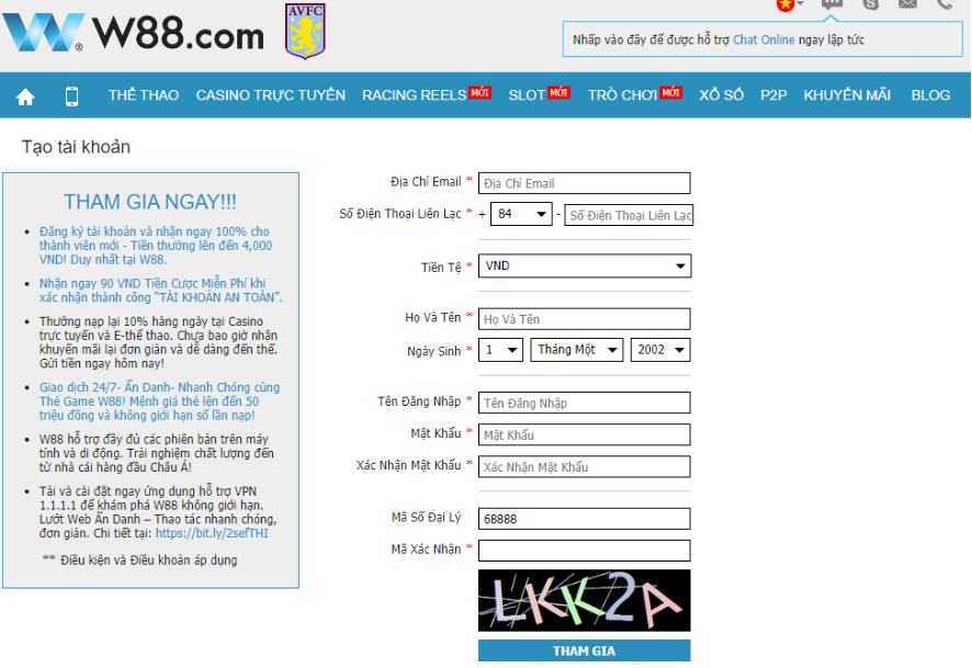 Hướng dẫn cách đăng ký tài khoản W88